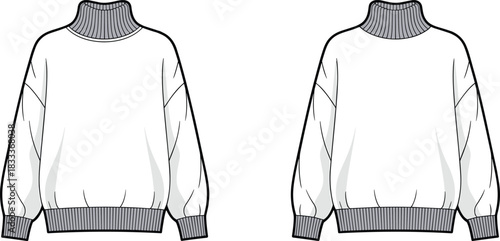 Front and back view of a women's oversized turtleneck sweater with ribbed details fashion clothing