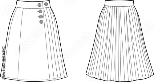 Front and back view of a women's pleated midi skirt with button detail fashion clothing