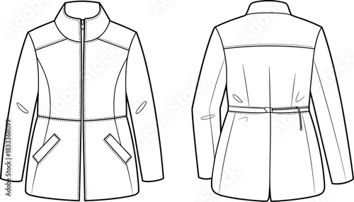 Front and back view of a women's zip-up jacket with belt and pockets fashion clothing