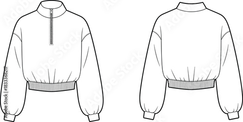 White cropped quarter zip sweatshirt with elastic hem front and back view on white background long sleeve