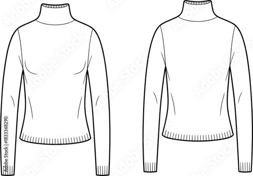White fitted long sleeve turtleneck top front and back view line drawing on white background vector illustration