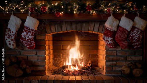 74Cozy brick fireplace flickering with amber flames, Christmas stockings hanging above, garlands and ornaments glowing warmly