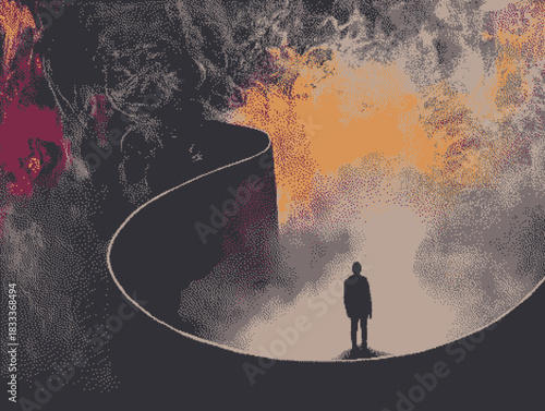 Surreal landscape featuring a solitary figure amidst swirling smoke and flames