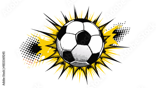 A soccer ball with a yellow burst and halftone dots in a comic book style illustration art design