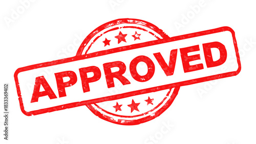 Red approved rubber stamp with stars and circular border on a white background is displayed here
