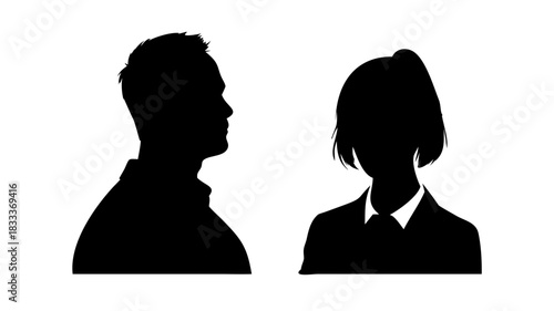 Silhouettes of a man in profile and a woman with a ponytail wearing a suit and tie design