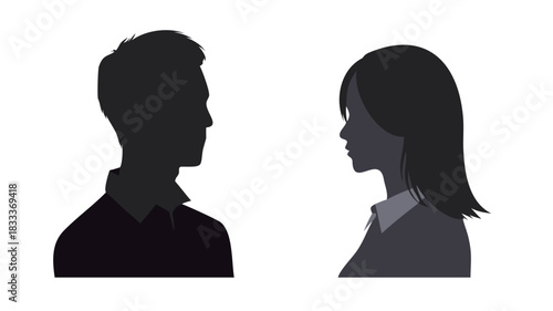 Silhouette of a man and woman facing each other with a white background in a graphic illustration style