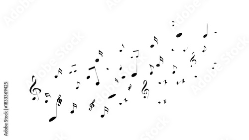Floating musical notes scattered across a white background creating a melodic visual pattern