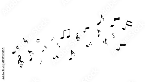 Floating musical notes in black color on a white background creating a dynamic and lively composition