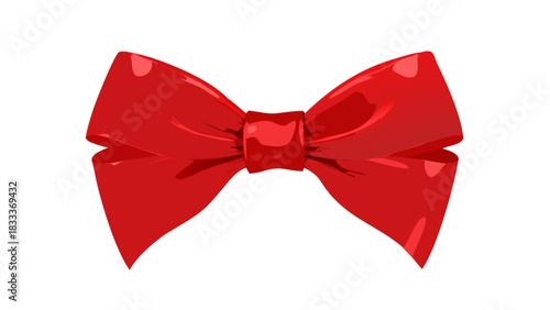 A shiny red bow sits centered against a white background with light reflecting off of it