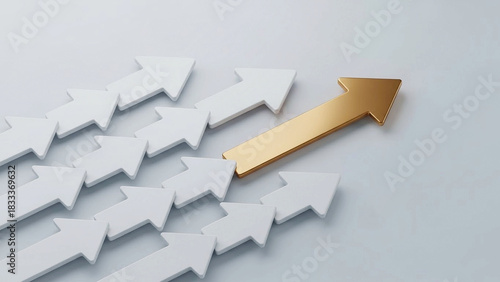 A single golden arrow breaking away from a group of white arrows, symbolizing leadership, change, and successful innovation