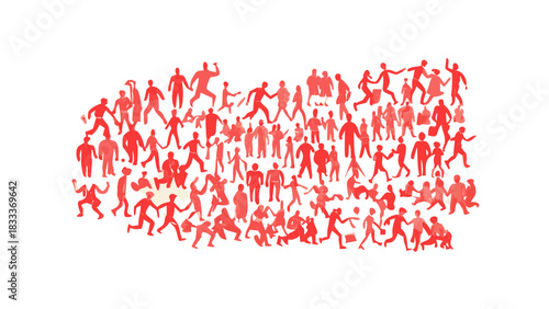 Illustration of a large group of red people silhouettes in various poses and positions together tightly packed