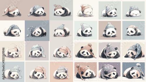 Adorable sleeping panda illustrations with cozy winter hats in soft pastel tones. Perfect for nursery decor, kids products, bedtime themes, character design, and cute seasonal artwork.