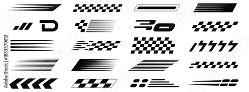 racing car decal vector collection featuring stripes, checkered patterns, finish line graphics, speed lines, and motorsport labels, ideal for sport car wraps, automotive branding, drift graphics, and 