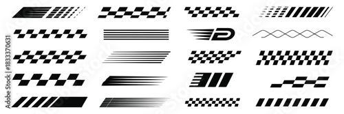 racing car stripes and checkered pattern vector set, finish line graphics, motocross labels, dynamic speed lines, motorsport decals, sport car wraps, suitable for automotive design, car tuning, and 