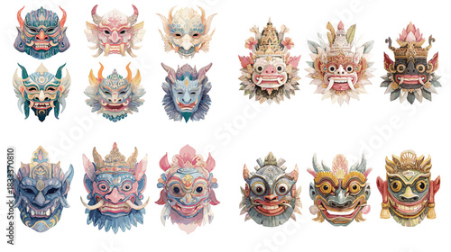 Illustrations of mythical Asian demon masks featuring dramatic expressions, ornate details, and vibrant colors. Ideal for folklore themes, cultural art, character design, and festival visuals.