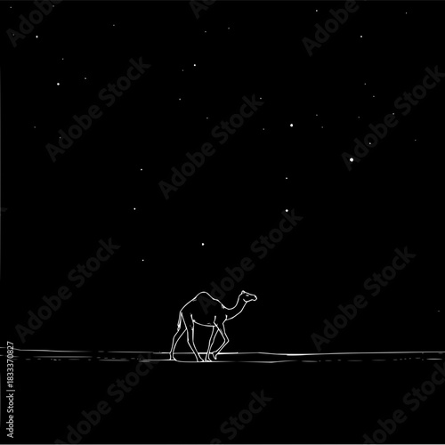 A lone camel walks across a dark desert landscape under a night sky filled with numerous bright stars