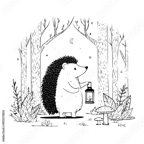 A hedgehog holding a lantern in a forest at night with mushrooms and foliage and a crescent moon above it all