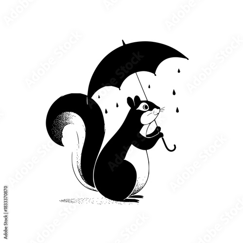 A black and white illustration of a squirrel holding an umbrella in the rain looking up at the sky
