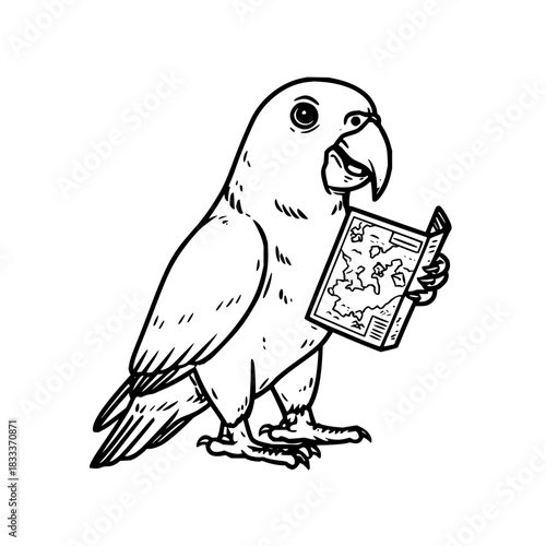 Line drawing of a parrot standing and holding a map with a detailed continent on it for navigation