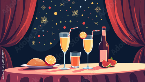 Celebratory table with cocktails on new year’s eve with warm festive lights