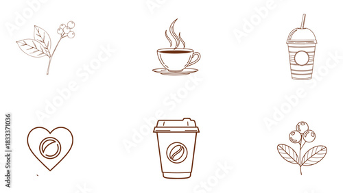 Set of six coffee and tea related line art icons including plant, cup, heart, and takeaway beverage