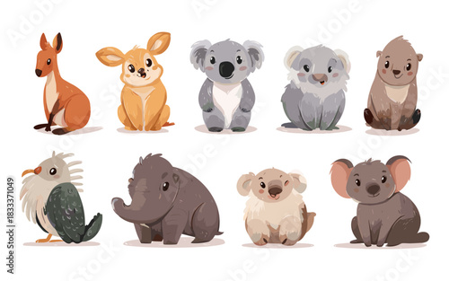 Australian Animals Cartoon Set – Koala Kangaroo Cassowary Wombat Cute Illustration