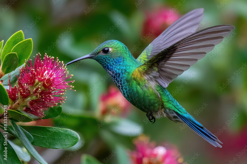 Obraz premium Hummingbird in Flight Near a Vibrant Red Flower