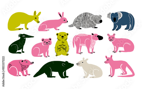 Colorful Australian Wildlife Vector Set – Koala, Kangaroo, Wombat, Quokka