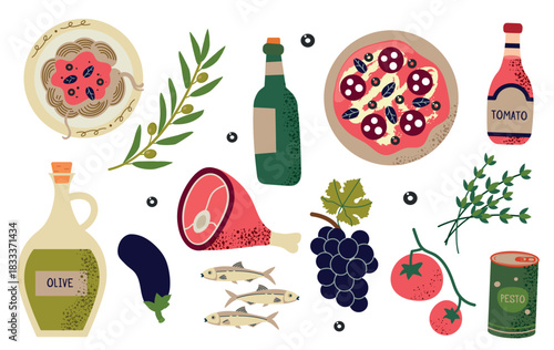 Set collection of Italian food cuisine elements icons cliparts isolated illustration