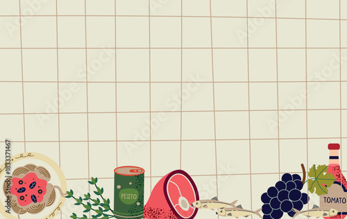 Italian Cuisine Food Background Banner Poster on checkered background