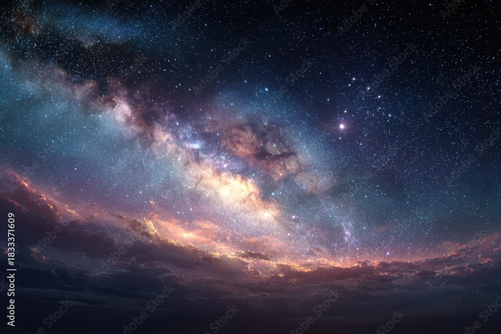 Fototapeta premium Vast Milky Way spans across the night sky in shades of blue, purple, and gold illuminating the darkness