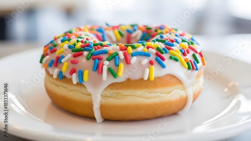 Delicious frosted donut with colorful sprinkles on a white plate