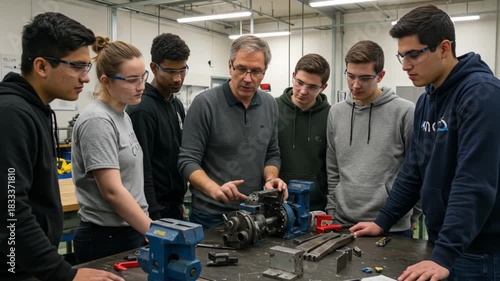 Instructor demonstrates mechanical device to diverse students in safety glasses in workshop
