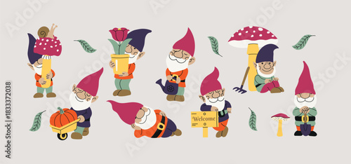 Set collection of garden gnomes hand drawn icon clipart avatar logotype isolated illustration