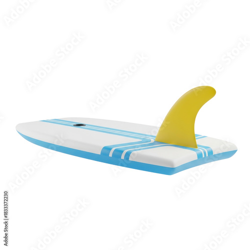 Fototapeta Naklejka Na Ścianę i Meble -  A minimalist 3d illustration of a stylized white bodyboard with a vibrant yellow fin and subtle blue graphics, isolated on a clean white background. Concept of summer leisure and freshness