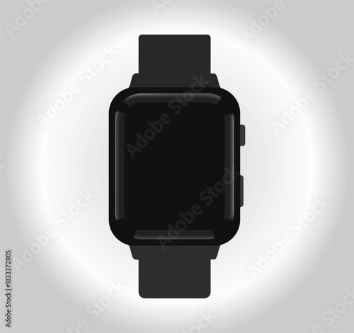 Black smart watch with blank screen on gray background, modern technology