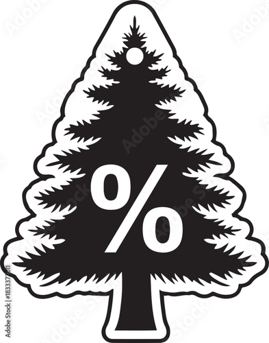 Black and white graphic of a pine tree silhouette with a large white percentage symbol inside christmas tree