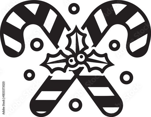 Black and white graphic of two crossed candy canes with a holly sprig and small circles christmas berry