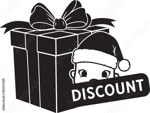 Black and white illustration of a cartoon character wearing a Santa hat peeking from behind a gift box with a discount banner