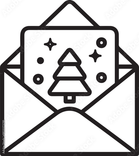 Black outline icon of an open envelope with a Christmas tree and stars inside on a white background