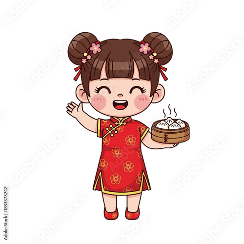 Adorable Chinese girl in traditional dress cheerfully presenting steaming dumplings, inviting viewers to experience the joy of Chinese cuisine and culture