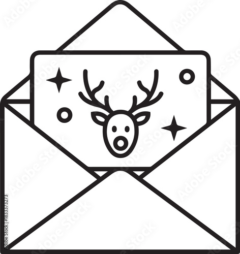 Black outline icon of an open envelope with a reindeer card inside and stars vector