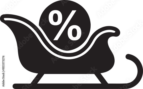 Black silhouette of a sleigh carrying a large circle with percent symbols white