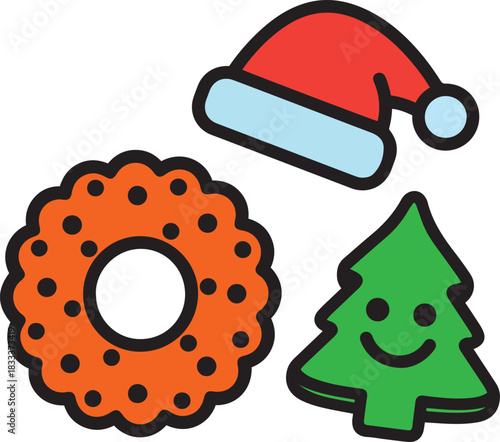 Red Santa hat green Christmas tree cookie orange festive wreath with black dots holiday