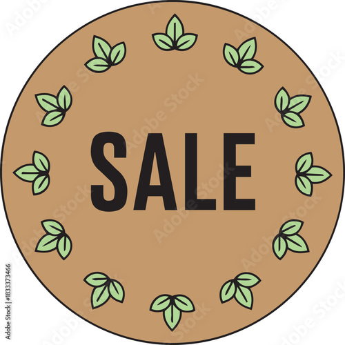 Round brown badge with black outline and light green leaves surrounding the word S A L E in black capital letters