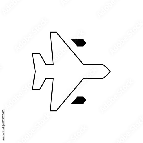 An overhead view of a white airplane with two black shapes near the wings on a white background.