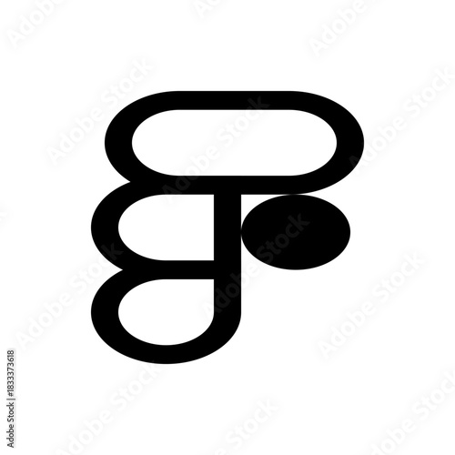 Abstract black and white logo featuring rounded shapes and lines forming a unique symbol design element