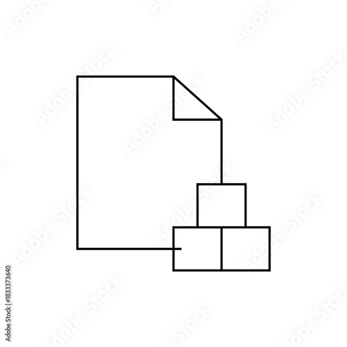 Outline drawing depicting a document with a folded corner connected to a stack of three cubes below it