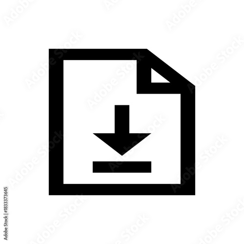 A simple black and white icon of a document with a folded corner and a download arrow pointing down
